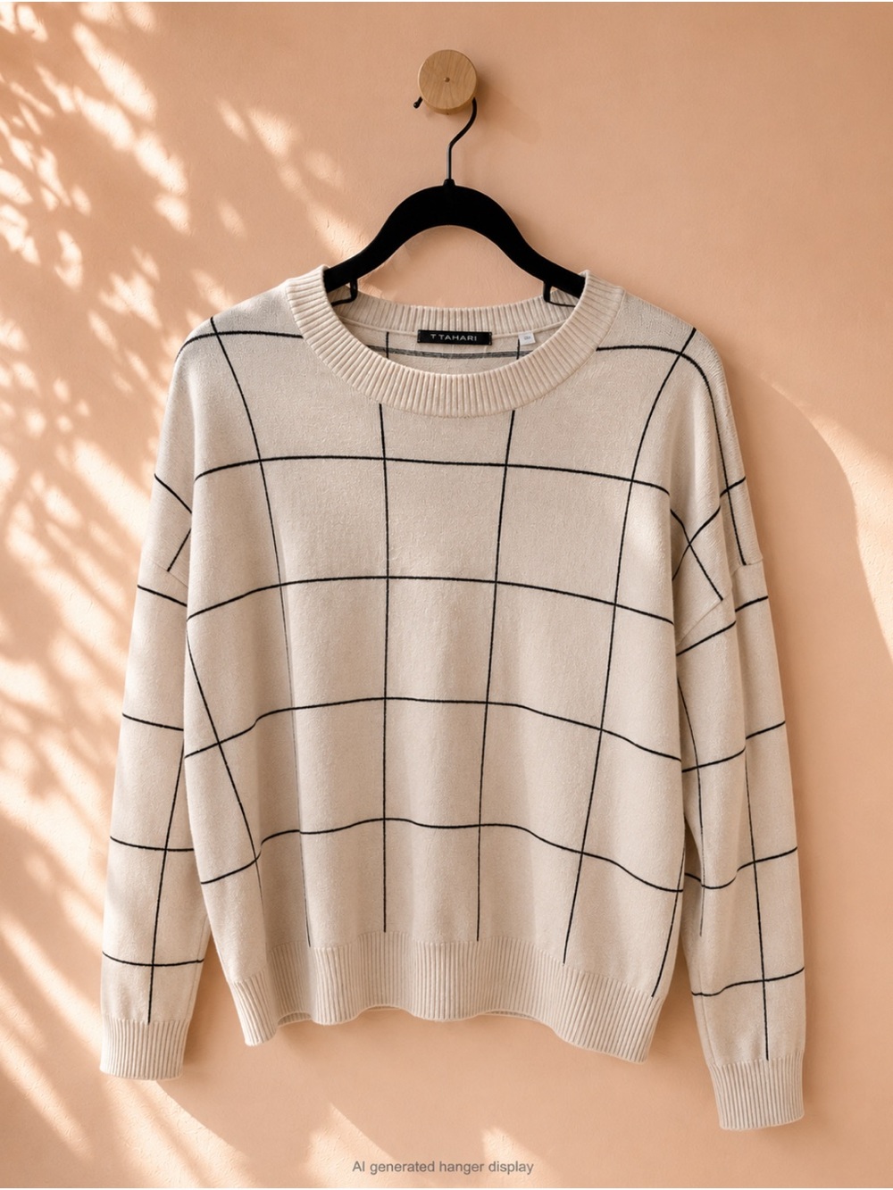 T Tahari Cream Crewneck Sweater with Black Windowpane Grid